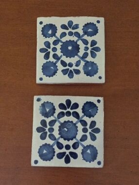 Hand-Painted Blue Floral Talavera Ceramic Tile Coaster Pair - Unbranded